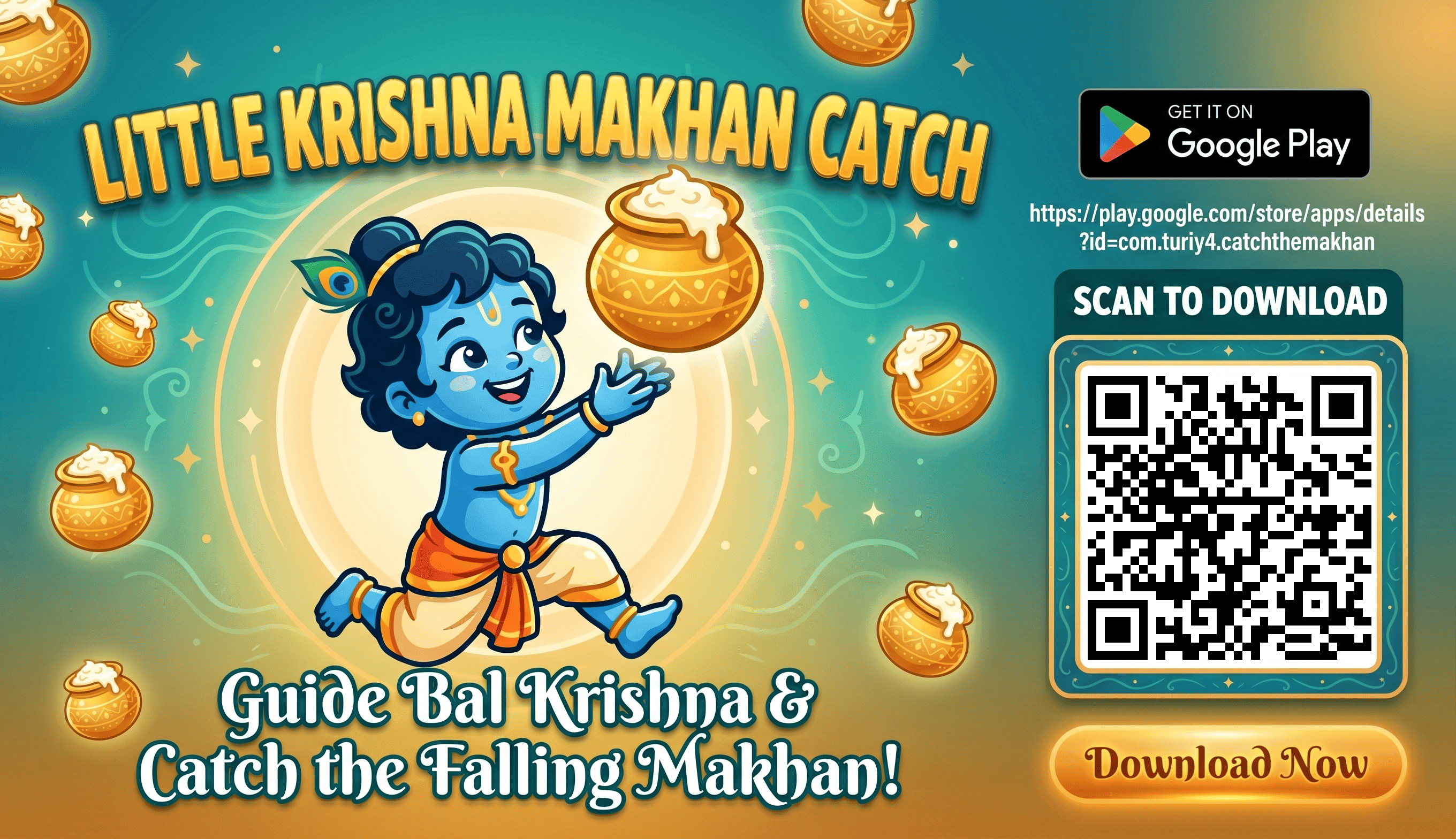 Little Krishna Makhan Catch promotional artwork featuring Bal Krishna and makhan pots