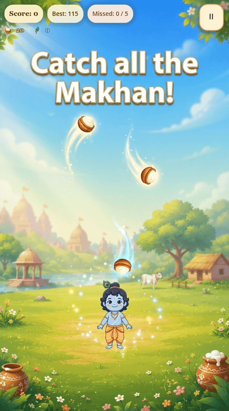 Gameplay screen showing Bal Krishna catching makhan pots